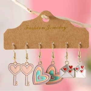 3 Pairs / Set Heart Key Love Envelope Design Enamel Dangle Earrings Retro
